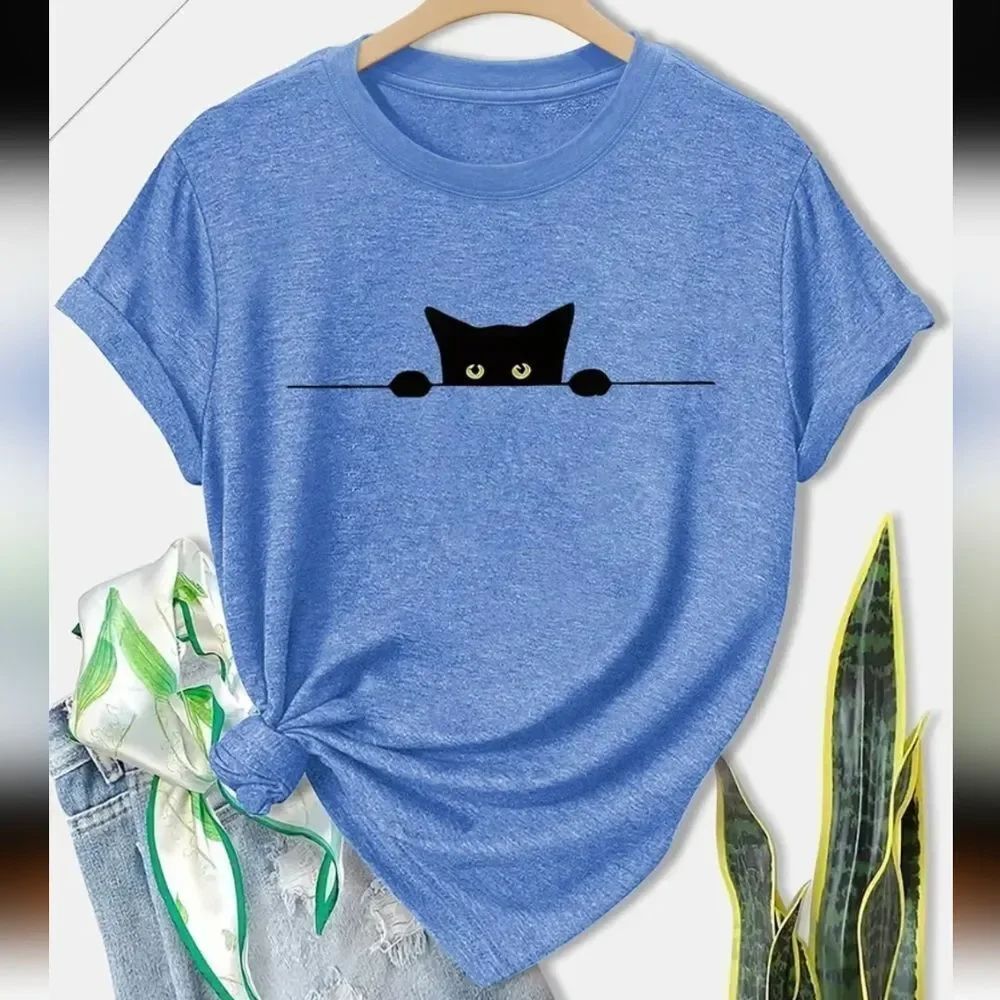Black Cat Print Short-Sleeved Casual Crew Neck T-Shirt Sz 12